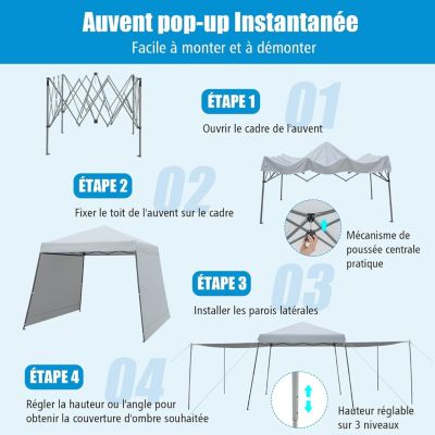 Tonnelle de Jardin Imperméable Réglable Hauteur avec 2 Parois Latérales Amovibles pour Camping Gris