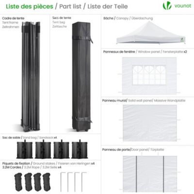 Tonnelle de jardin renforcée 3x3m pliable avec 4 parois et sac de transport a roulette blanche VOUNOT