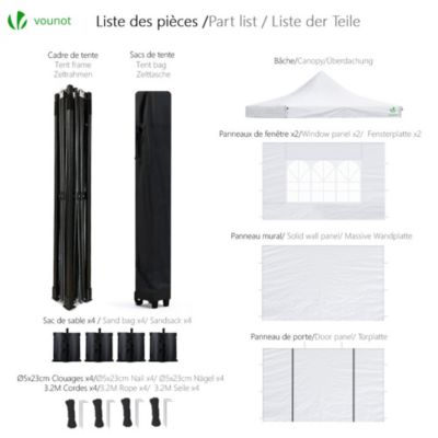 Tonnelle de jardin renforcée 3x3m pliable avec 4 parois et sac de transport a roulette blanche VOUNOT