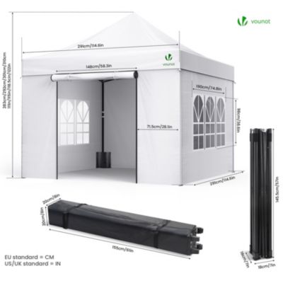 Tonnelle de jardin renforcée 3x3m pliable avec 4 parois et sac de transport a roulette blanche VOUNOT