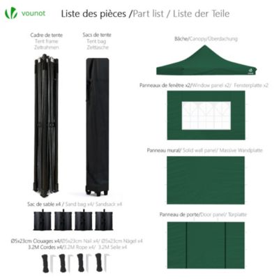 Tonnelle de jardin renforcée 3x3m pliable avec 4 parois et sac de transport a roulette verte VOUNOT