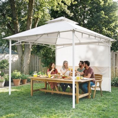 Tonnelle de jardin toit double rideaux métal blanc cassé