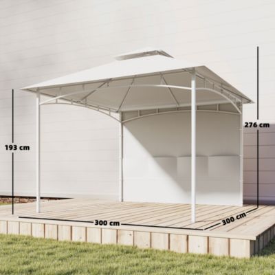 Tonnelle de jardin toit double rideaux métal blanc cassé
