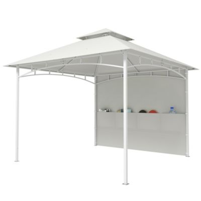Tonnelle de jardin toit double rideaux métal blanc cassé