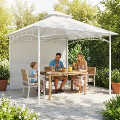 Tonnelle de jardin toit double rideaux métal blanc cassé