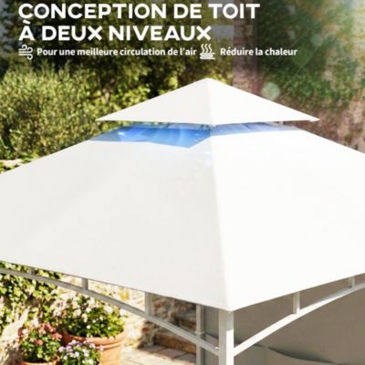 Tonnelle de jardin toit double rideaux métal blanc cassé