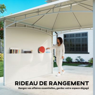 Tonnelle de jardin toit double rideaux métal blanc cassé