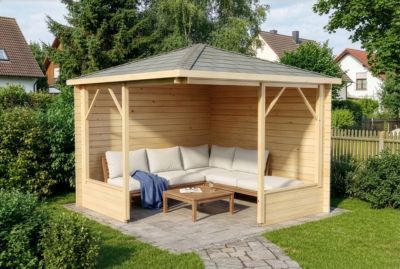 Tonnelle pentagonale Maik 28 Alpholz, 32x32m dim ext (cas échéant incl débord de toit) naturel, épaisseur paroi : 28mm, 10,1m² tot