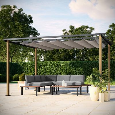 Tonnelle/Pergola en aluminium 3x4m toile coulissante rétractable - bois et gris - HAWAI