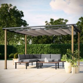 Tonnelle/Pergola en aluminium 3x4m toile coulissante rétractable - bois et gris - Hawai