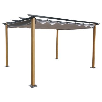 Tonnelle/Pergola en aluminium 3x4m toile coulissante rétractable - bois et gris - HAWAI