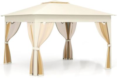 Tonnelle Pliant Extérieur 338 x 338 CM,avec Toit Double, Hauteur Régalable, Parois en Maille et Sac de Transport, Beige