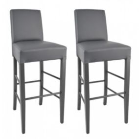 TONY - Lot de 2 Tabourets Laqués Gris et Assise Simili Cuir Gris