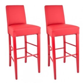 TONY - Lot de 2 Tabourets Laqués Rouge et Assise Simili Cuir Rouge