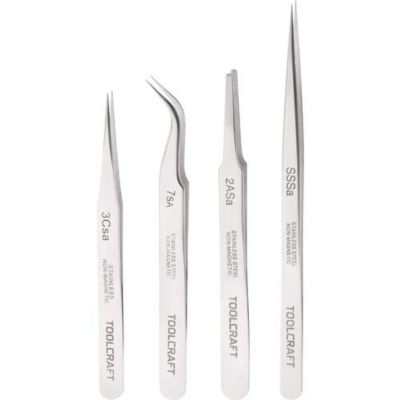 TOOLCRAFT 816747 jeu de 4 pincettes de précision en acier inoxydable - pointes fine, plate, faucille, pointue