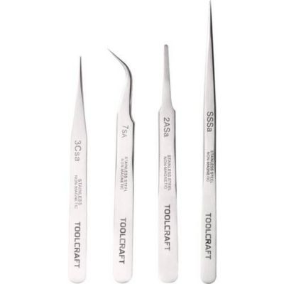 TOOLCRAFT 816747 jeu de 4 pincettes de précision en acier inoxydable - pointes fine, plate, faucille, pointue