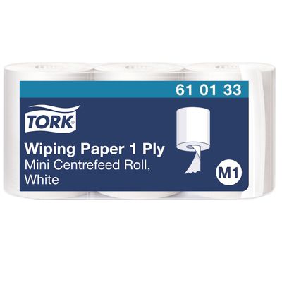 Tork Bobine de Papier Essuyage à Dévidage Central blanc M1, essuyage mains et surfaces, 3 x 120 m, 610133