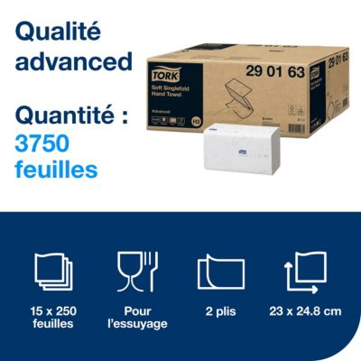 Tork Essuie-mains pliés en V doux blancs H3, Advanced, 15 x 250 feuilles, 290163
