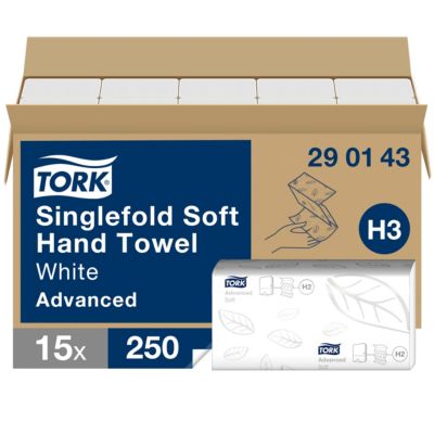 Tork Essuie-mains pliés en V doux blancs H3, Advanced, économiques, 15 x 250 feuilles, 290143