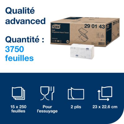 Tork Essuie-mains pliés en V doux blancs H3, Advanced, économiques, 15 x 250 feuilles, 290143