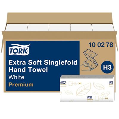 Tork Essuie-mains pliés en V ultra-doux blancs H3, Premium, gaufrés, 15 x 200 feuilles, 100278
