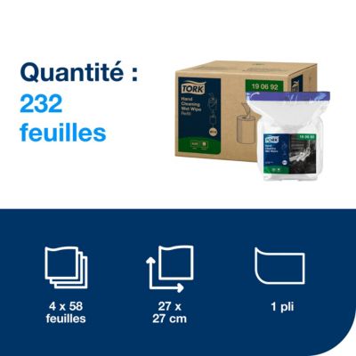 Tork Lingettes humides pour Nettoyage des mains blanc W14, 4 x 58 lingettes, 190692