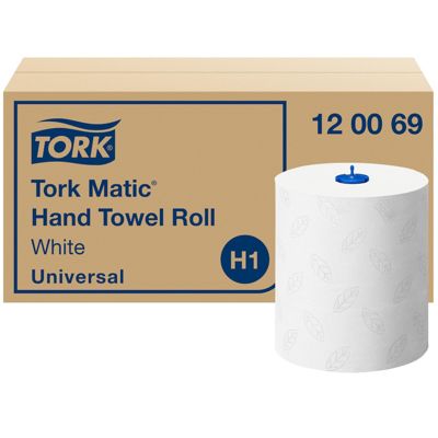 Tork Matic Rouleau d'essuie-mains blancs H1, Universal, gaufrage pour un séchage efficace, 6 rouleaux de 150 m, 120069