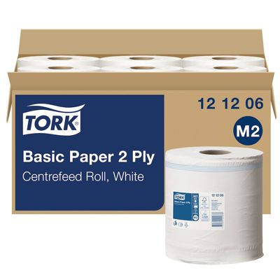 Tork Papier Essuyage Basic pour Distributeur à Dévidage central blanc M2, Multi-usages, 6 x 160 m, 121206