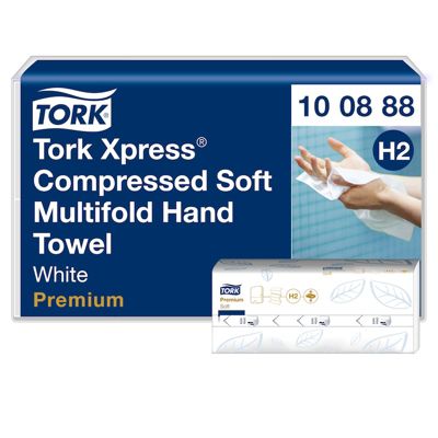 Tork Xpress Essuie-mains interfoliés doux compressés blancs H2, Premium, 2 plis, pliage en M, grand format, 12 x 170 , 100888