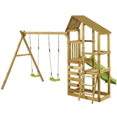 Tour de jeux en bois WOUPI balançoire, trapèze, toboggan, mur escalade ...