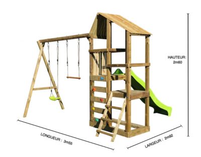 Tour de jeux en bois WOUPI balançoire, trapèze, toboggan, mur escalade ...