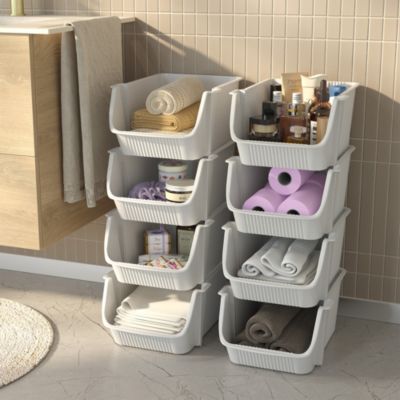 Lot de 4 Paniers de Rangement Empilables en Plastique Pliables, Boites de Rangement, Paniers de Rangement pour Placard, Cuisine, Salle de Bain, Bureau (Gris