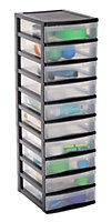 Tour de rangement carrée avec couvercle Optimo 10 tiroirs en polypropylène coloris transparent et noir