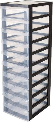 Tour de rangement plastique sur roulettes A4, 10 Petits Tiroirs, Noir, DC-010, Iris Ohyama
