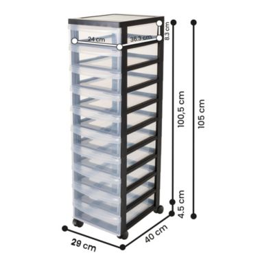 Tour de rangement plastique sur roulettes A4, 10 Petits Tiroirs, Noir, DC-010, Iris Ohyama