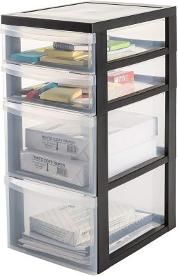 Tour de rangement plastique sur roulettes A4, 4 Tiroirs mix, Noir, DC-322, Iris Ohyama