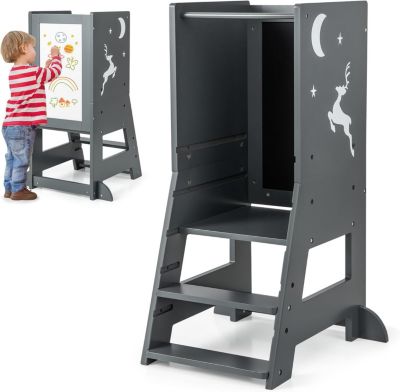 Tour Observation Montessori Enfants Bois avec Tableau Blanc Tableau Noir 3 Feutres Tour Apprendissage Plate Forme Gris