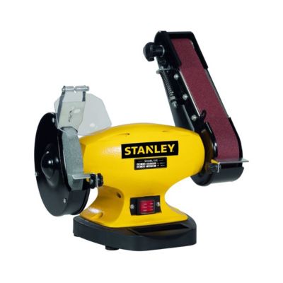 Touret à meuler Ponceuse STANLEY 330W Diam150mm + Bande abrasive 5x69cm Grain 36/60 Meulage Polissage Ponçage