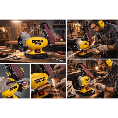 Touret à meuler Ponceuse STANLEY 330W Diam150mm + Bande abrasive 5x69cm Grain 36/60 Meulage Polissage Ponçage