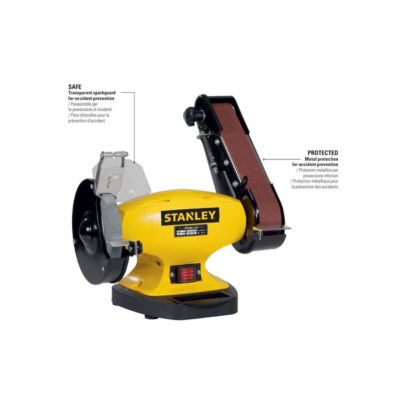Touret à meuler Ponceuse STANLEY 330W Diam150mm + Bande abrasive 5x69cm Grain 36/60 Meulage Polissage Ponçage