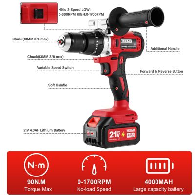 Tournevis sans fil 21V, batterie 4.0Ah, 90 Nm, réglage de couple 20+3, mandrin 13mm