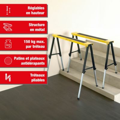 Tréteaux réglables télescopiques en métal - Hauteur ajustable de 64 à 91 cm Charge 150 kg - EURO VANADIUM