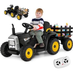 Tracteur Électrique Voiture Enfant avec Remorque Roue Motrice Arrière et Phare à LED et Musique Ceinture de Sécurité Noir