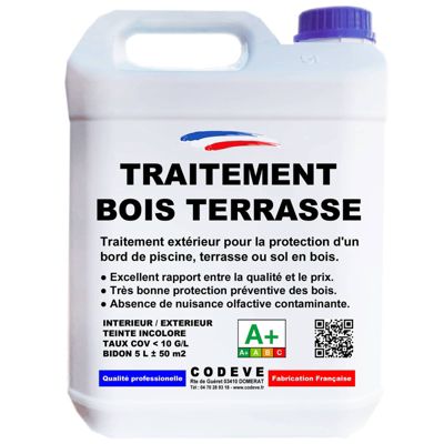 Traitement Bois Terrasse - 5 L   - Codeve Bois - Pour La Protection D'un Bord De Piscine, Terrasse Ou Sol En Bois.