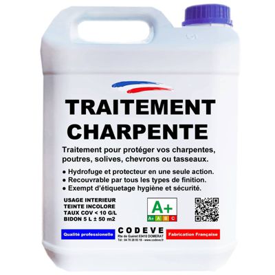 Traitement Charpente - 5 L   - Codeve Bois - Pour La Protection De Votre Poutre, Charpente, Solive Ou Chevron.