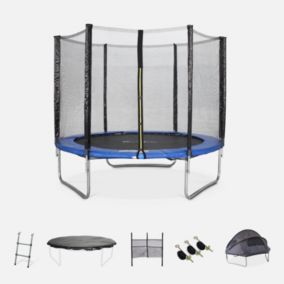 Trampoline 250cm bleu avec pack d'accessoires + Tente de camping avec sac de transport