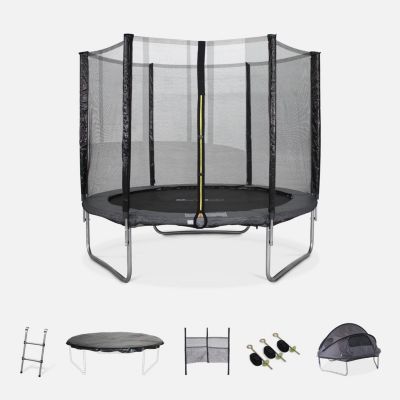 Trampoline 250cm gris avec pack d'accessoires + Tente de camping avec sac de transport