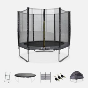 Trampoline 250cm gris avec pack d'accessoires + Tente de camping avec sac de transport