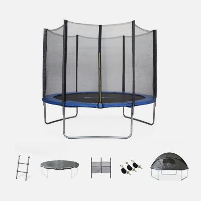 Trampoline 305cm bleu avec pack d'accessoires + Tente de camping avec sac de transport