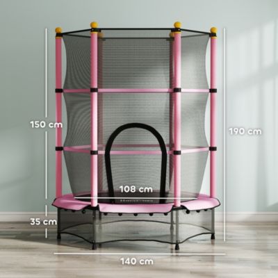 Trampoline de jardin enfants dia. 1,40 x 1,90H m filet de sécurité porte zipée couvre-ressorts + 6 poteaux rembourrés inclus